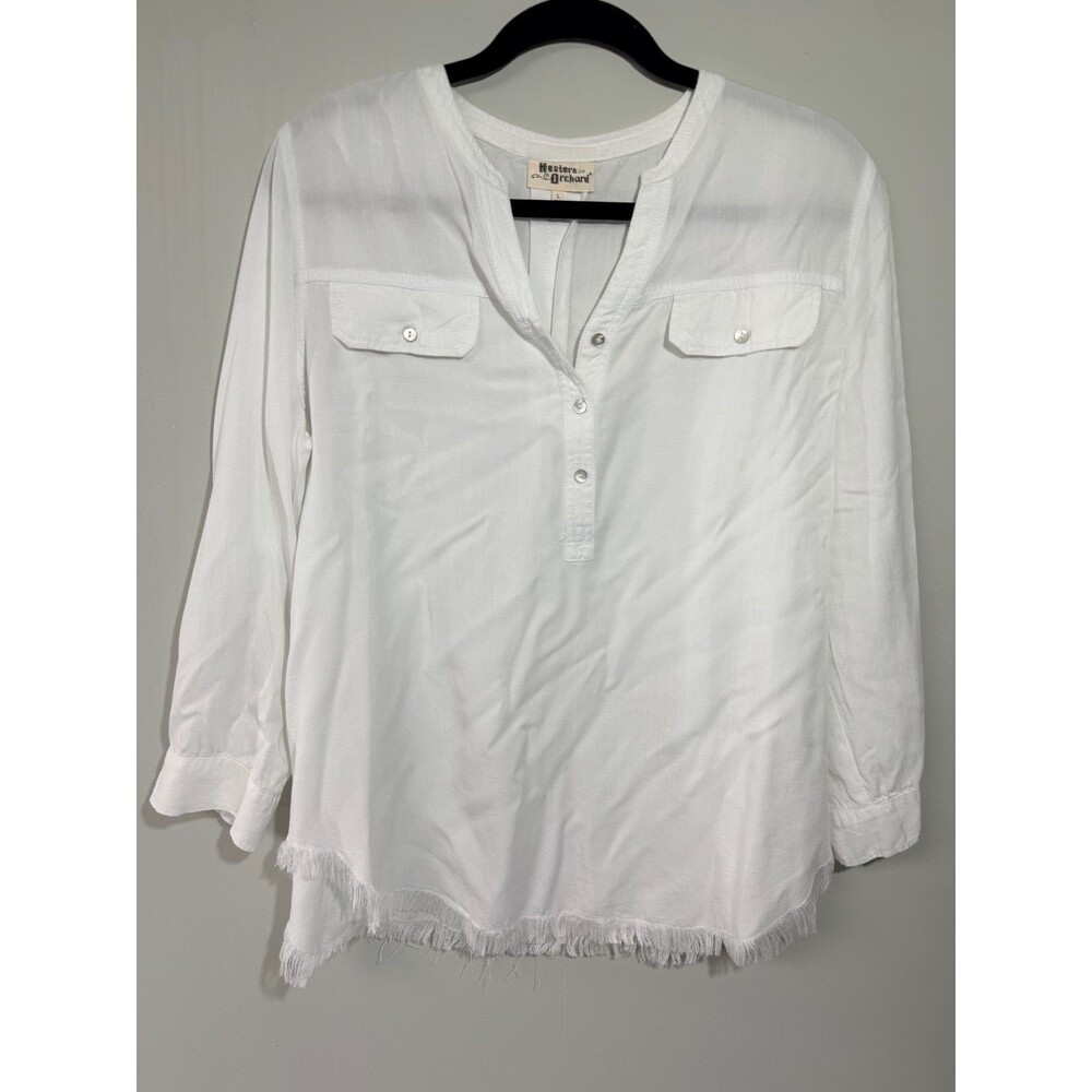 Womens White Boho Blouse Large Fringe Hem Lightweight Casual Top